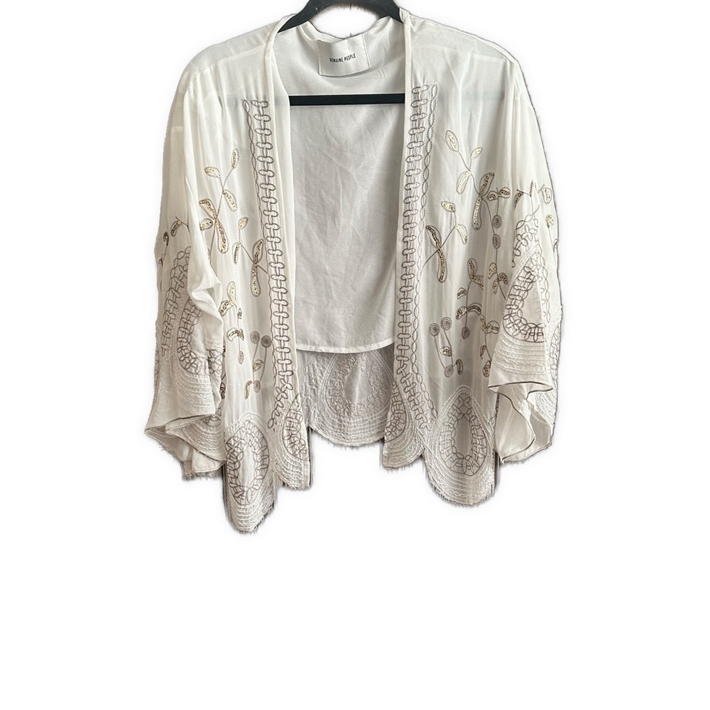 Genuine People White Beaded Sequins Embroidered Boho Shawl Wrap Size M